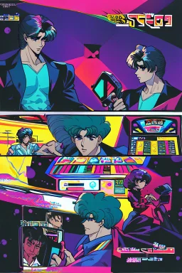 a millineal teenage boy is playing video arcade games, bright colored clothes from the 90s, hairstyles of that time, comic style