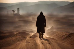 hooded stranger walking the dusty wasteland, mechanical legs