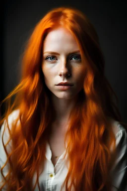 إمرأة جميلة بيضاء البشرة بشعر برتقالي محمر طويل وعيون عسلية