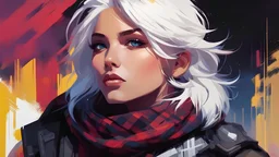 highly detailed portrait of halo, blue eyes, tartan scarf, white hair by atey ghailan, by greg rutkowski, by greg tocchini, by james gilleard, by joe fenton, by kaethe butcher, gradient yellow, black, brown and magenta color scheme, grunge aesthetic!!! graffiti tag wall background