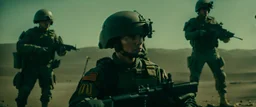 War Film but instead of U.S.A. soldiers it's McDonalds soldiers, Cocola Brand Military Drones, cinematic, Fuji Film, Anamorphic lens, 2040s, deep depth of field, in a Cyber punk WW3 film