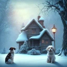 SAD, SCARED, LONELY DOG TIED TO A TREE WITH A ROPE, HOUSE IN BACKGROUND, WINTER, 8k resolution, high-quality, fine-detail, intricate, digital art, detailed matte, volumetric lighting, illustration, 3D octane render, brian froud, howard lyon, selina french, anna dittmann, annie stokes, lisa parker, greg rutowski