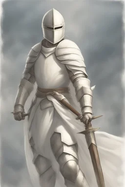 Picture of a knight wearing white armor and white cape with white helmet, holding a spear
