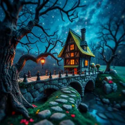 Photograph hasselblad h6d400c --ar 85:128 --v 6.0 of a fairy old bridge, tree, old bewitched house, made of felt, art, 3d deep field, light tiltshift, wide angle landscape scene, galaxies, creepy, needlepoint, abstract silhoutte, expressionist style, colorful holiday