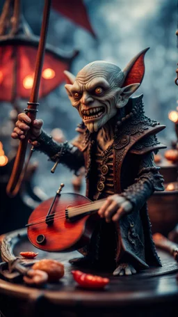 portrait of a vampire werewolf goblin gremlin with mustage smoking a violin blood of fish on a viking ship, in the style of Giger,bokeh like f/0.8, tilt-shift lens 8k, high detail, smooth render, down-light, unreal engine, prize winning