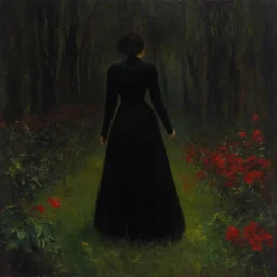 Night, one woman in black dress from behind, forest, red flowers, vegetations, creepy, gloomy, lgothic dark influence, oscar bjorck paintings, and carl bloch paintings