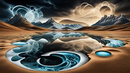 Abstract Landscape with surreal iced desert, mountains, iced water, reflections. The scene features circles and ovals, all enhanced by overlapping shadows and reflections, adding depth and dimension. The sky is dramatic, filled with swirling dark clouds and lightning, creating an intense atmosphere. In the scene old bones lying in sand in the right side. The color palette consists of rich, deep hues, shadows and lights, watercolor and dark ink, like a dark dream