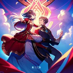 magic carpet.anime girl and boy riding.on a red magic carpet.in the sky.together into the clouds