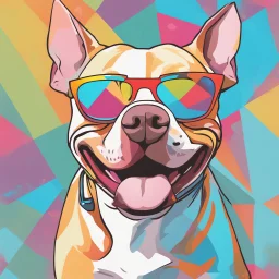 A whimsical and vibrant illustration of a playful pitbull wearing trendy sunglasses. The dog is displayed in a pop art inspired setting with a colorful, abstract background filled with graffiti and geometric shapes. The overall vibe of the image is happy and energetic, capturing the joyful spirit of the pitbull.