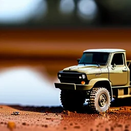 hyperrealistic shot, muddy military toy truck, monotone color palette, sharp focus, puddle reflection, tire water splash, refraction, mist on the horizon, shadowcast, detailed and intricate, cinematic composition, micro, tilt shift photography