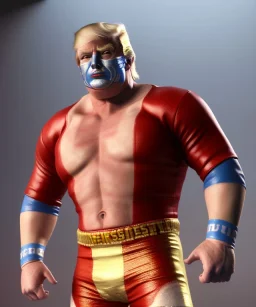 Realistic image of Donald trump wrestler, Mexican wrestling, mask makeup, red and blue breeches, suspenders, retro style, 80s, red, gold, vibrant color, highly detailed, clean background, concept art, unreal engine 5, god rays, ray tracing, RTX, lumen lighting, ultra detail, volumetric lighting, 3d, finely drawn, high definition, high resolution.