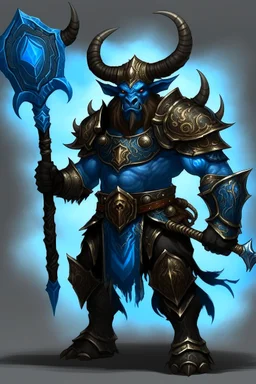 Bevo, the Texas Longhorn as a minotaur wearing black plate armor, trimmed in shiny blue, holding a mace crackling with thunderous energy