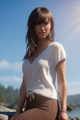 realistic, portrait and full body of a woman standing next to rocky river in country side, beautiful face with nice make up, sunlight, cinematic light, bangs, a beautiful woman, beautiful eyes, brown curved hair, perfect anatomy, very cute, princess eyes , (blue eyes) , nice sport shoes ,Centered image, stylized, life size,8k Resolution, low-cut dress with small blue details, human hands, wonder full, elegant, approaching perfection, dynamic, highly detailed, character sheet,