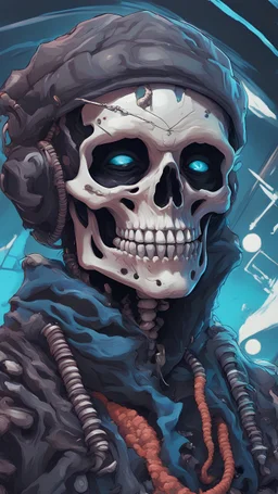 a close up of a person with a skull on their head, blue and black colors, anime skull portrait man, scary detailed art in color, hiroyuki-mitsume takahashi, nychos art aesthetic, half man half skeleton, anime cyberpunk art, colored manga art, rossdraws pastel vibrant, hot colors. insanely detailed, beautiful anime portrait, stunning anime face portrait, scary art in color
