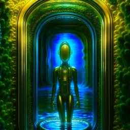 portrait of transparent chat robot in the style of lovecraft , in front of teleporter portal to the sea in an underground grove, in the style of dali, 8k, down-light, soft light, depth of field, photo realism, trending on art station, high detail