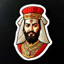 A sticker of Persian king, colorful, Embroidered style, on a solid color black background.