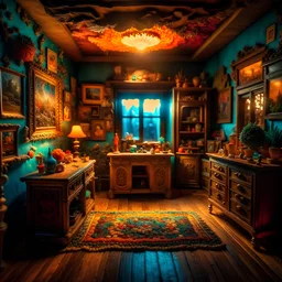 Diorama of old room, sharp focus, 8k, 3d, very detailed, volumetric light, fine art, very colorful, ornate, 35mm, F/2.8, insanely detailed and intricate, hypermaximalist, super detailed, decadent