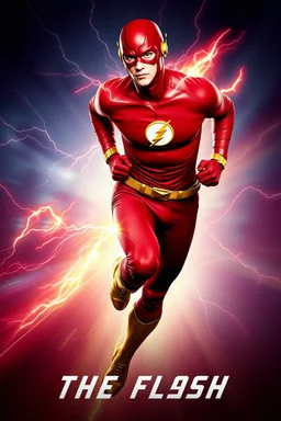 1/4 side view, looking at the viewer, Movie Poster - "THE FLASH" - An athletically built muscular, 7'8" tall man, ((skintight, formfitting, long-sleeved, red spandex bodysuit:1.5)), ((gold knee-high boots:1.5)), ((gold wrist gauntlets, red fingerless gloves, gold, double holstered utility belt:1.5)), ((skintight, formfitting, red spandex helmet with red eye disguise,:1.5)), Glowing eyes, Running in the speedforce with multicolored lightning emanating from his body
