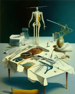 human body, universe-like table,complex surgical instruments mixed with human body-like musical instruments,minimalism,Painting By Adrian Ghenie, Rene Magritte, Lucian Freud