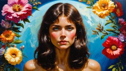 beautiful girl ,mugshot, Planet of the Vulcans, multicolored, large, floral designs, atmospheric, beautiful, oil painting by Frank Frazetta, 4k UHD, Photorealistic, professional quality