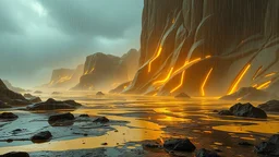 rainy landscape covered in sulfur and oil that looks futuristic with futuristic lighting, realistic rendering