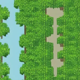 escena de un sendero en la mitad de una jungla con grandes arboles mirado desde arriba como mapa de un juego en pixel art