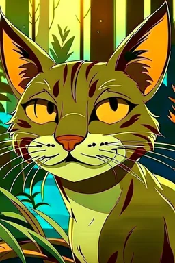 An animation of a beautiful jungle cat, front view, comic style