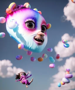 Ultra realistic speed clouds sky scene, wide angle view, sweet childs falling down, inflatable color clothing, free jumping flying, many trinkets, monster head, hair monster, many jelly beans, balls, smile, happy, circus style, extreme, wind, clouds sea, 20,000 feet altitude, stratosphere, soft color, highly detailed, unreal engine 5, ray tracing, RTX, lumen lighting, ultra detail, volumetric lighting, 3d, finely drawn, high definition, high resolution.