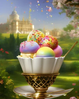 extravagant luxury icecream with extras, on sunny day, bokeh, vibrant color, 8k, RTX, realistic, 3D, Salvador Dali, Alma-Tadema