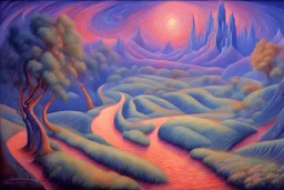 a landscape in futurism style, elegant extremely detailed intricate vibrant beautiful award winning high definition crisp quality noctilucent by artist "Umberto Boccioni"by artist "Leonora Carrington",by artist "Guy Orlando Rose"