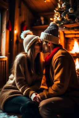 Cozy Christmas scene couple kissing