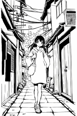 young girl walk thought Japanese alleys, line arts, manga style