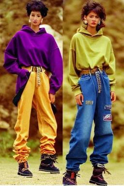 year 1998 women fashion. Loose, baggy, low waist Combat pants, t-shirt, new kind of hoodie with tippet! Colors: denim blue, blue, purple, cream, khaki, light green, lilac, plum, orange, terracotta, red, light yellow, lion yellow, pink, dark blue, beige. Lynx-pattern, Sturnus vulgaris-print. wide belt. Partly latex or leather. Kylie Minogue, Tyra Banks. leg warmer. Cargo pants and hoodie!