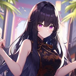 Clear focus,High resolution, Black long fluffy hair, and purple eyes, wearing a chinese dress, cute