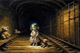 in a tunnel little girl is holding a teddy bear next to train tracks Yves Tanguy