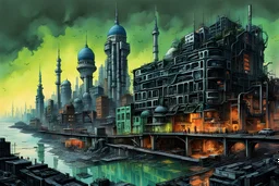 create a wildly conceptual illustration of a highly detailed irradiated, fetid, gaseous and decayed future Istanbul under a poisonous gloom utilizing asymmetric structural forms, in the sci fi art style of Don Maitz, , finely textured, drawn, colored, and inked
