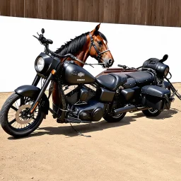 a new harley davidson pan america 1250 motorcycle, next to a new Indian Springfield Dark Horse bagger motorcycle. next to a horse who's facing away and tied by the reins to a wood railing. white background. dirt ground.