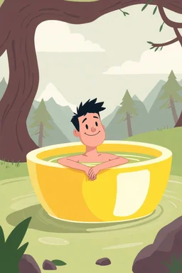 a picture of a guy bathing in a big yellow Vaseline jar, he is in a adventure park with his wife, art style cal arts, simple character design, round mouths non tapering lines, minimalist and fluid