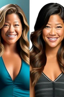 Gina Rodriguez at 50% transformation embodies noticeable changes. Her physique evolves with idealized curves and an elegant stature. Facial features become refined with an otherworldly charm. Hair turns into a vibrant blonde, framing her face in lustrous waves. Skin radiates a newfound glow. Measurements reflect a perfect figure, and attire transforms into a stylish ensemble. Body: Idealized Curves, Elegant Stature, Noticeable Changes Facial Features: Refined, Otherworldly Charm Hair: Vibrant