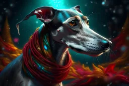 Imagine/ greyhound dog, Christmas card,Hyper-detailed ,8k, Hyperrealistic, splash art, concept art, mid shot, intricately detailed, color depth, dramatic, 2/3 face angle, side light, colorful background, by xanuth