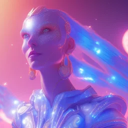 A portrait of a crystalised blue pink extraterrestrial, gold, diamonds, sunny background, atmospheric, realistic, unreal engine, 8k. Cinematic lighting, octane render.