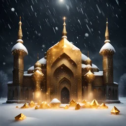 Hyper Realistic Big golden Crystals on snow outside a Dark Abandoned Mosque with beautifully crafted Marinates at dark heavy snowfall night