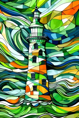 An abstract and expressive interpretation of a lighthouse features for coloring book, representing the connection between people and online mental health services, containing letter "T" and letter "C". The colors navy blue, olive green and orange are used to convey confidence, vitality and seriousness and should be part of it.