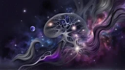 abstract 2d digital art graphic and ink montage,. galaxy in background with nebulas, pale silver gray human nervous system with fade little lights , dark purple, white-dark blue-pale gray and black colors, stunning composition with strange surreal vibe, emotional, abstractions, neurodivergens soul and mind, cinematic, thriller, four little human dark shilouette floatings in universum