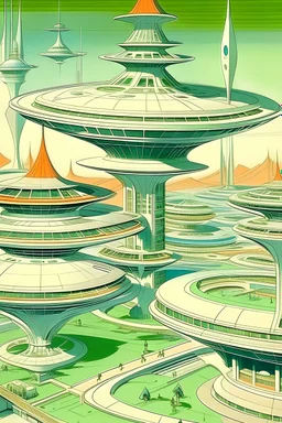 Jetsons drawing architectural models of utopian city