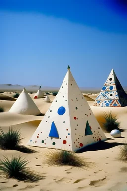 An ivory desert with shiny pyramids painted by Joan Miro