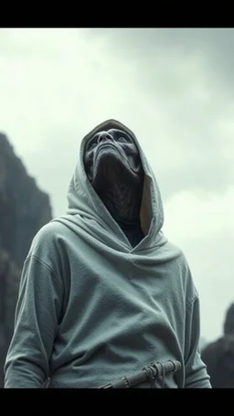 The creature from the the movie Prometheus with white hooded clothes looking to the sky