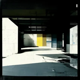 Minimal contemporary abstract oil paintings of desolate 1960s carpark with road markings and concrete fragments. Overlay with grungy typography graphics. style of Justin Mortimer and Francis Bacon.