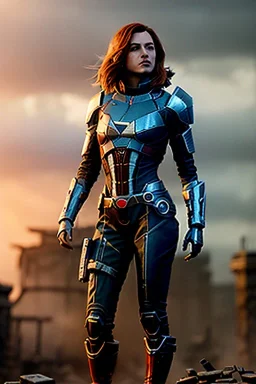 ultrarealistic, ruined city,__mass effect armor__, __angles__, 19 year old woman, strikingly beautiful, ginger hair, silver colour, [__starlets__|__starlets__], (pale __skincolor__ skin:1.2), __camera__, _hair_, detailed face and eyes, c-cup breasts, leather choker, freckles, dynamic pose, resolved expression, __accessory__, strappy outfit, (straps:1.1), sword in scabard on left hip, (buckles, buttons, snaps, rings:1.0), haltertop style breastplate, detailed eyes, plump lips, sci-fi theme