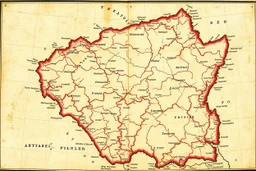 an old and weathered map of an inland section, no words or text, with latitude and longitude lined